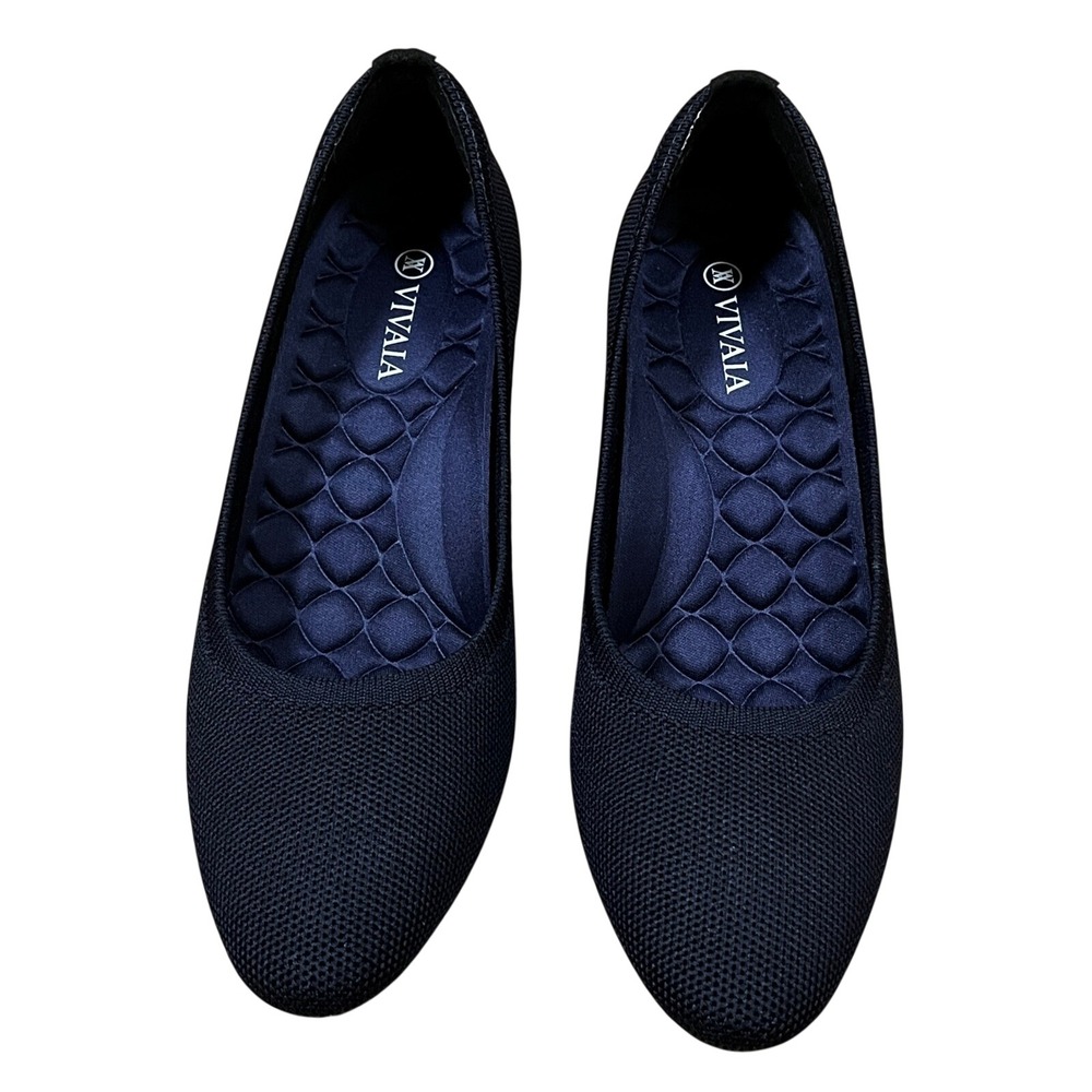 NWOB VIVAIA Tamia Wedge Pro Navy Almond Toe 37.5/7 Knit Shoes Nautical Classic
